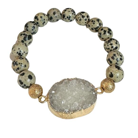 OILNANA Dalmatian Jasper beaded gemstone bracelet Agate Druzy stretch one size - Picture 4 of 4